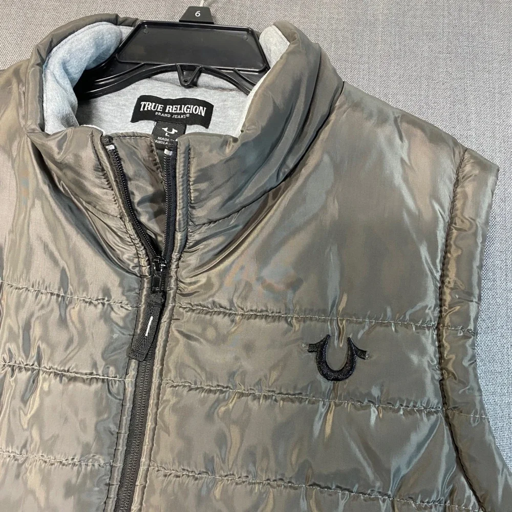 True Religion Mens Puffer Vest Charcoal Grey Quilted‎ Full Zip Horseshoe Logo L